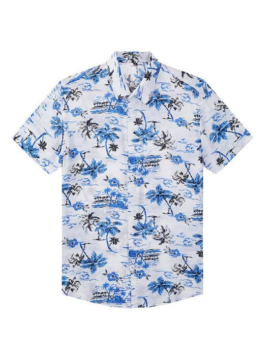 Kakaclo retro summer lapel collar shirt featuring a blue floral and palm tree design