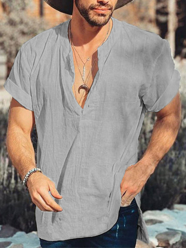 Men's Kakaclo Summer Round Neck Shirt in Light Gray with Short Sleeves for Casual Wear