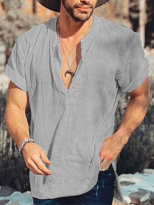 Men's Kakaclo Summer Round Neck Shirt in Light Gray with Short Sleeves for Casual Wear