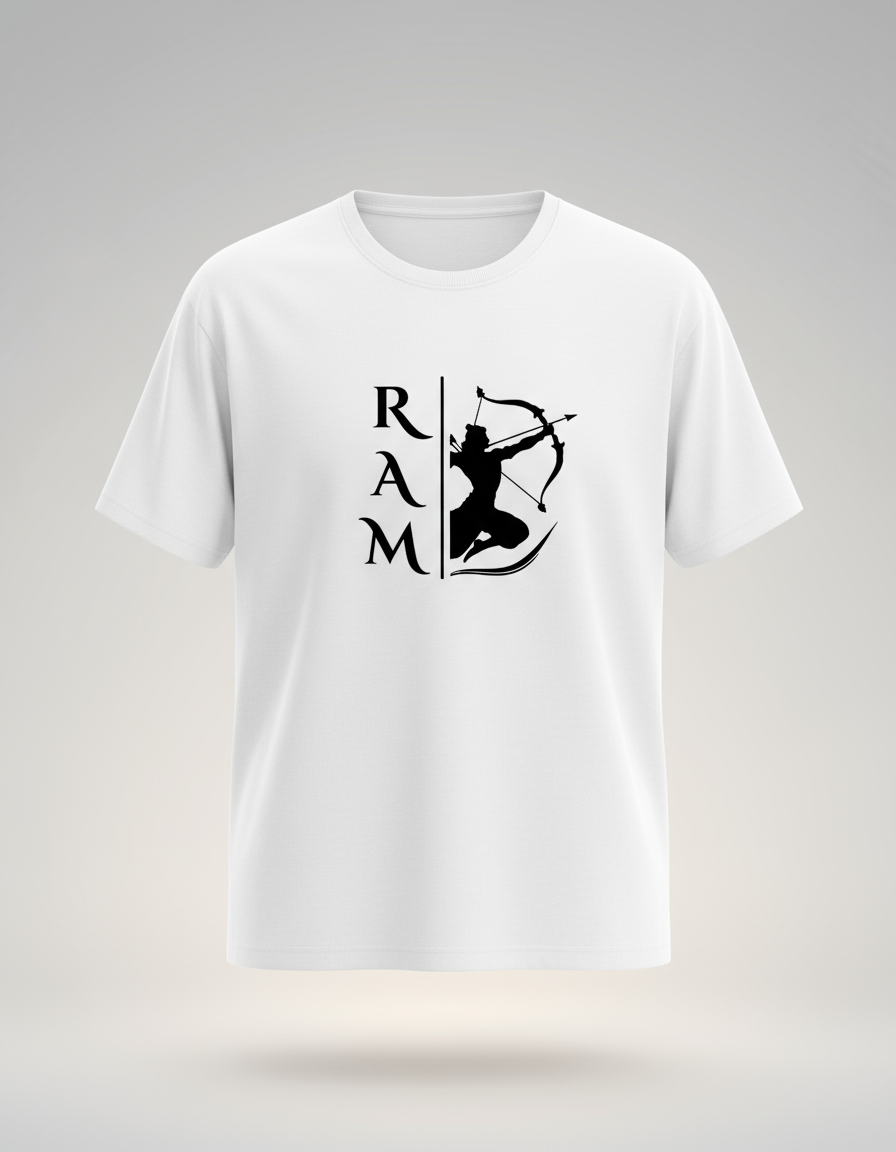 Unique Lord Ram print t-shirt in white featuring a silhouette of Lord Ram with a bow and arrow