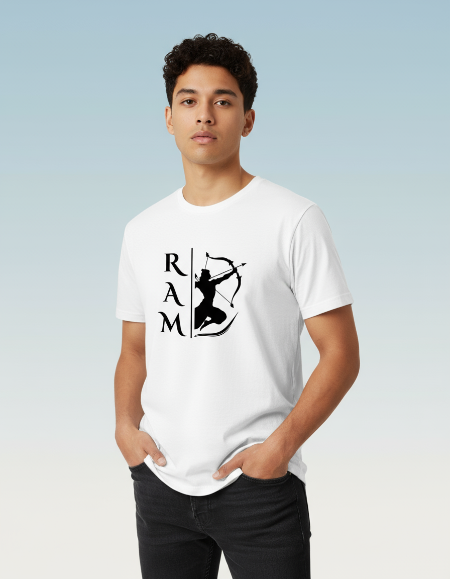 Unique Lord Ram print t-shirt featuring a bold silhouette design in black on a white background