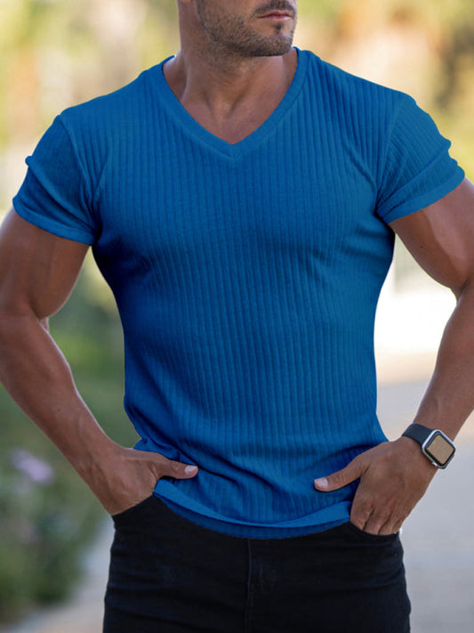 Kakaclo summer slim V-neck T-shirt in blue with a ribbed texture and short sleeves