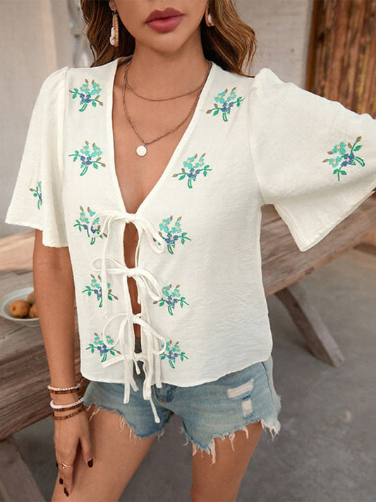 Kakaclo vintage embroidered cardigan with floral designs and lace-up front, perfect for casual wear