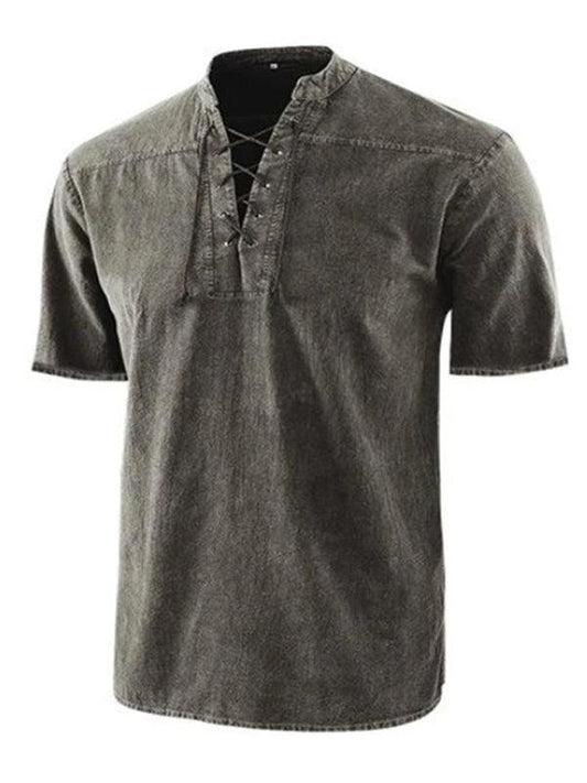 Kakaclo vintage lace up shirt in dark gray with short sleeves and a stylish collar design