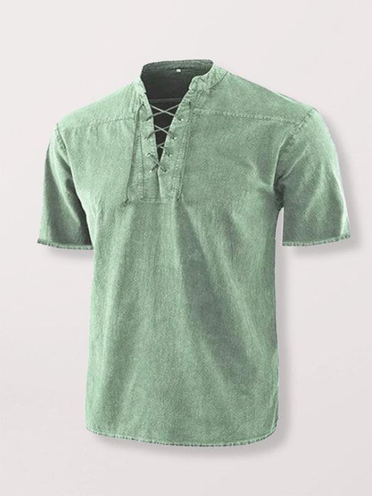 Kakaclo Vintage Lace Up Shirt in Green with Short Sleeves and Relaxed Fit