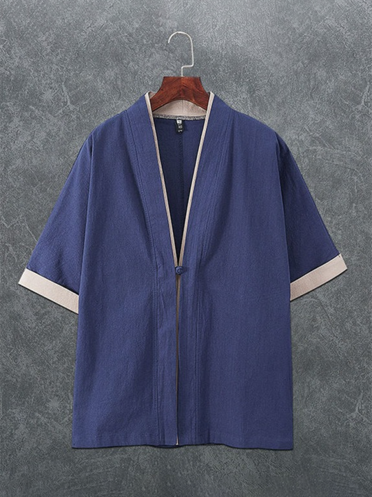 Kakaclo Vintage Linen T-Shirt Men in Navy Blue with Relaxed Fit and Casual Style