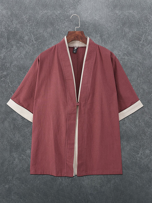 Kakaclo Vintage Linen T-Shirt Men in Maroon with Short Sleeves and Button Closure