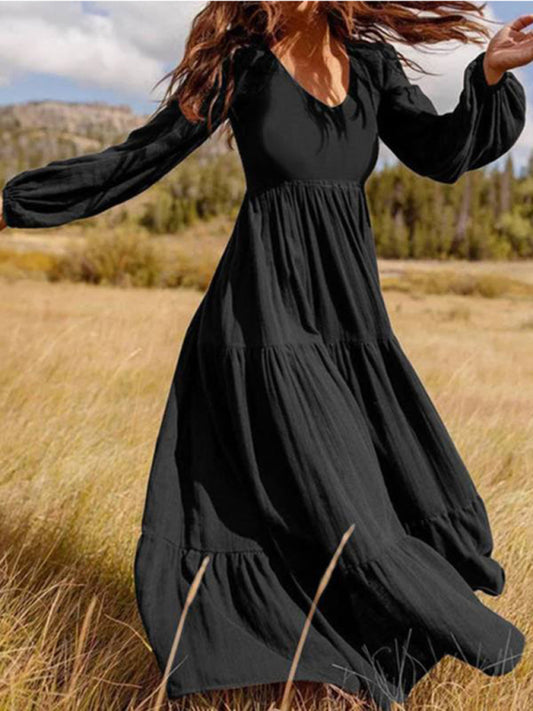 Kakaclo black vintage swing dress with long sleeves, perfect for casual outings and summer events