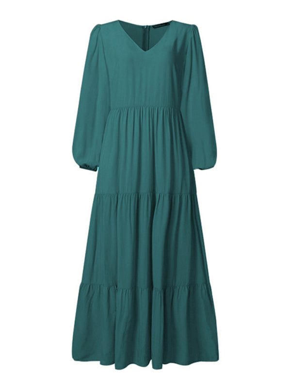 Teal Kakaclo Vintage Swing Dress with Long Sleeves and Tiered Skirt for a Stylish Look