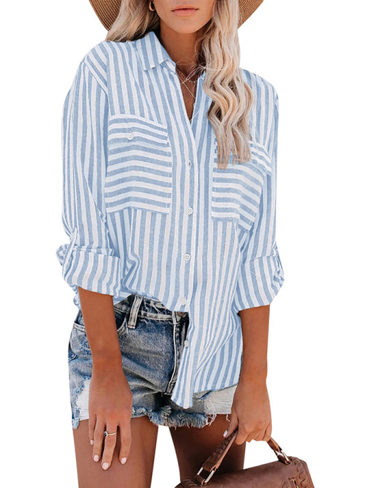 Kakaclo women's vintage stripe shirt in blue and white, paired with denim shorts for a casual look
